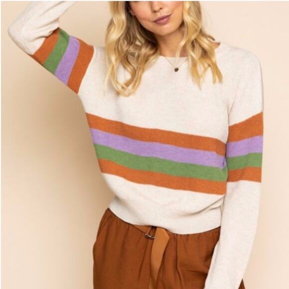 New Gilli Large Cream Orange Green Striped Ribbed Knit Sweater Crew Neck Purple - Picture 12 of 12